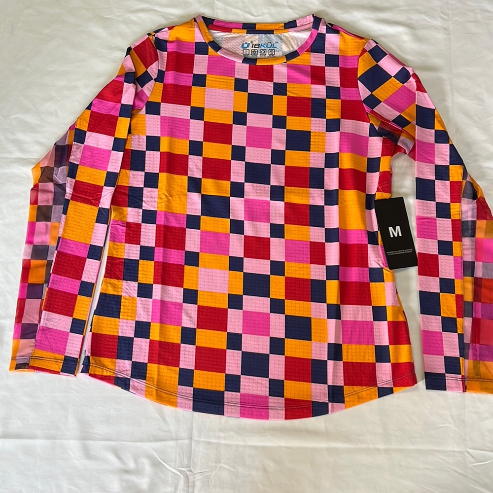 Ibkul Annalise Long Sleeve Crew Neck Top in Hot Pink and Orange